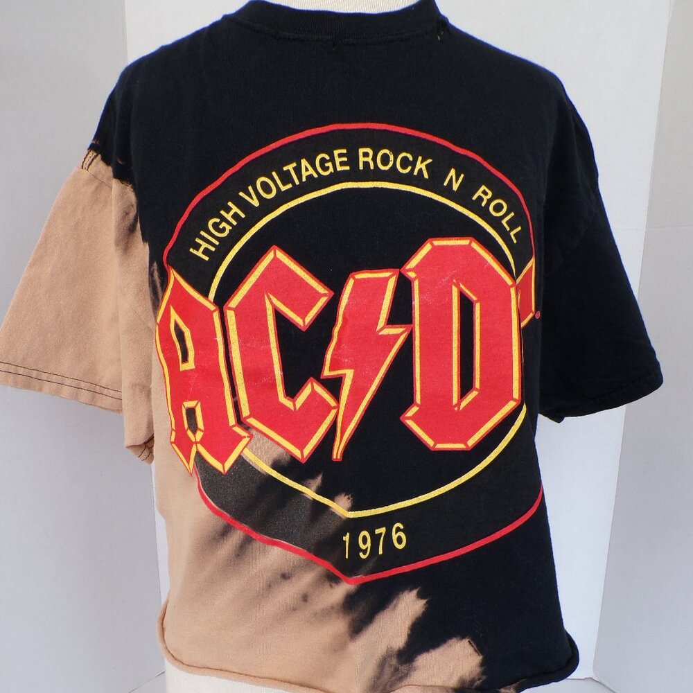 AC/DC High Voltage Crop T Shirt M/L Black Rock Band Graphic Oversized Raw Edge